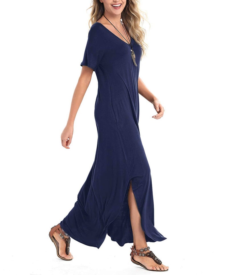 Arolina Women Summer Maxi Dress Short Sleeve V Neck Casual Loose Long Split Dresses Beach Vacation Sundress with Pockets Navy Blue - Image 3